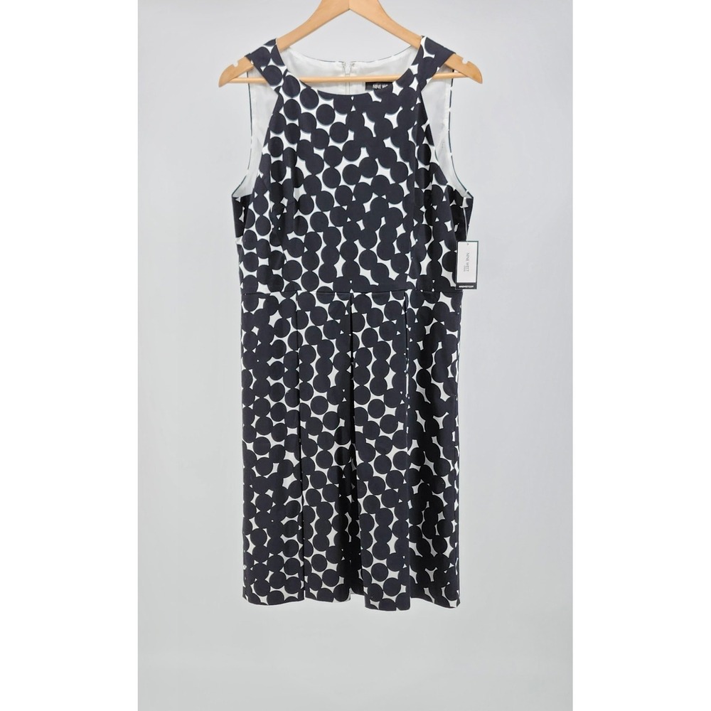 Nine West Black White Polka Dot Sleeveless Pleated Fit & Flare Dress 12